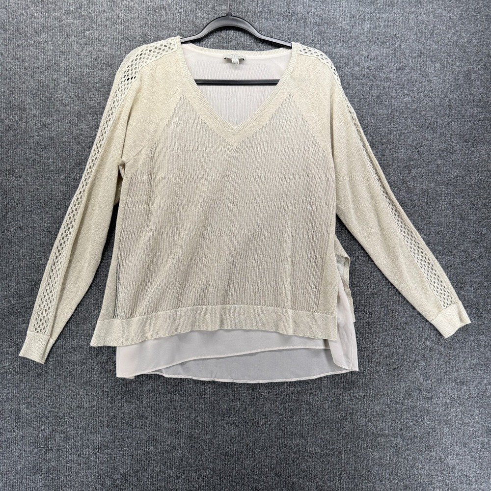 Lucky Brand Sweater Womens L Ivory Linen Blend V-Neck Old Money Quiet Luxury